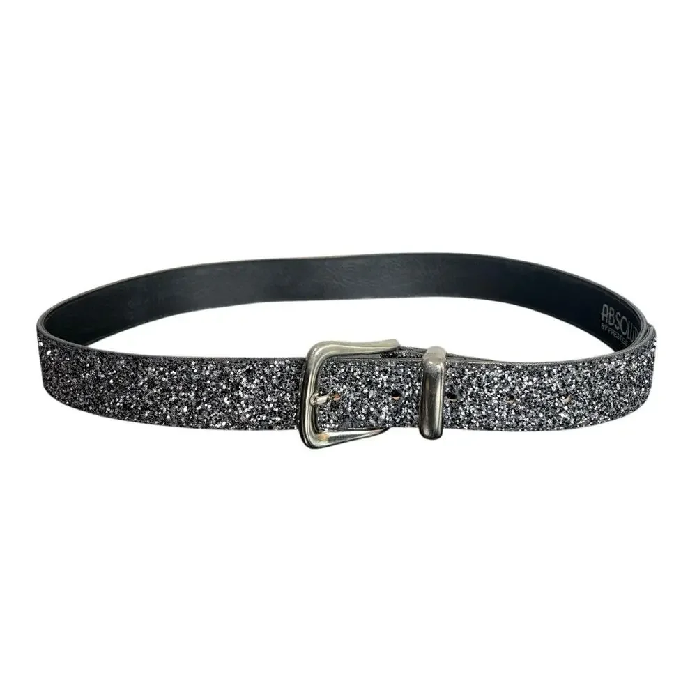 Vintage Prestige Leather- Silver Black Glitter Belt- Sz Large 36
